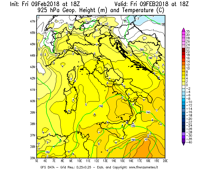 Mappa di analisi GFS - Geopotenziale [m] e Temperatura [°C] a 925 hPa in Italia
							del 09/02/2018 18 <!--googleoff: index-->UTC<!--googleon: index-->