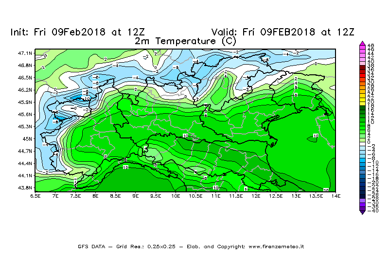 Mappa di analisi GFS - Temperatura a 2 metri dal suolo [°C] in Nord-Italia
							del 09/02/2018 12 <!--googleoff: index-->UTC<!--googleon: index-->