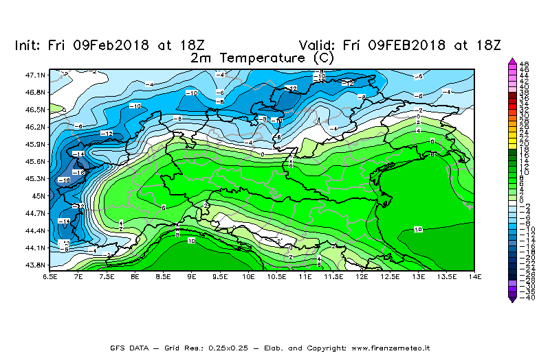 Mappa di analisi GFS - Temperatura a 2 metri dal suolo [°C] in Nord-Italia
							del 09/02/2018 18 <!--googleoff: index-->UTC<!--googleon: index-->