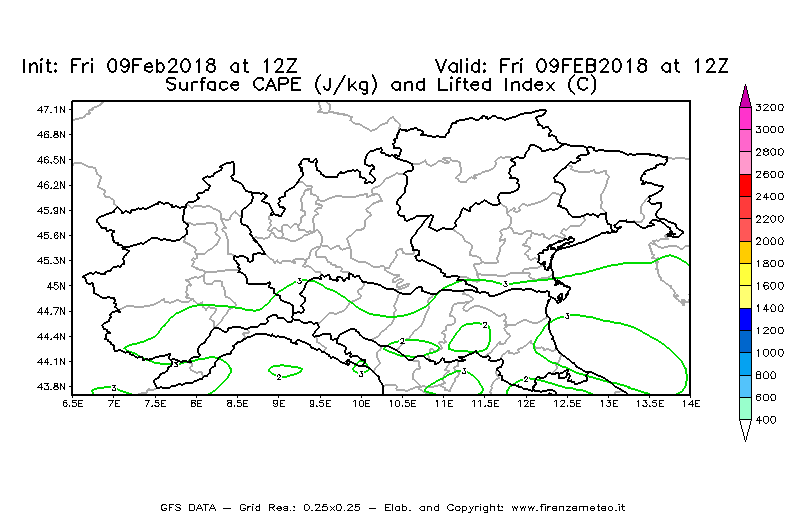 Mappa di analisi GFS - CAPE [J/kg] e Lifted Index [°C] in Nord-Italia
							del 09/02/2018 12 <!--googleoff: index-->UTC<!--googleon: index-->