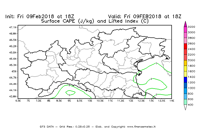 Mappa di analisi GFS - CAPE [J/kg] e Lifted Index [°C] in Nord-Italia
							del 09/02/2018 18 <!--googleoff: index-->UTC<!--googleon: index-->