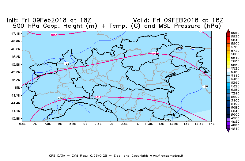 Mappa di analisi GFS - Geopotenziale [m] + Temp. [°C] a 500 hPa + Press. a livello del mare [hPa] in Nord-Italia
							del 09/02/2018 18 <!--googleoff: index-->UTC<!--googleon: index-->