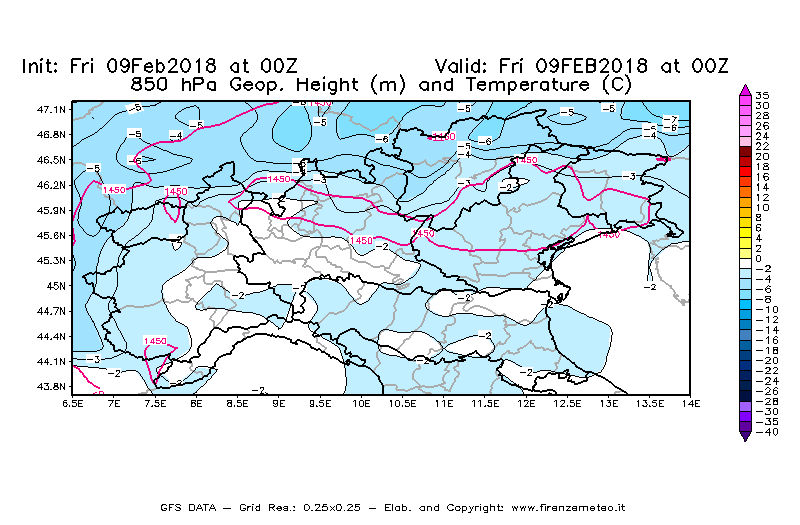 Mappa di analisi GFS - Geopotenziale [m] e Temperatura [°C] a 850 hPa in Nord-Italia
							del 09/02/2018 00 <!--googleoff: index-->UTC<!--googleon: index-->
