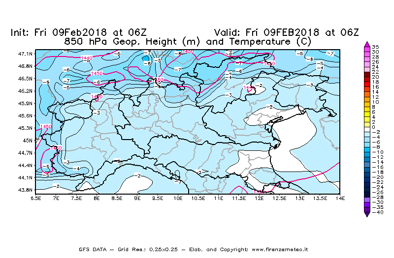 Mappa di analisi GFS - Geopotenziale [m] e Temperatura [°C] a 850 hPa in Nord-Italia
							del 09/02/2018 06 <!--googleoff: index-->UTC<!--googleon: index-->