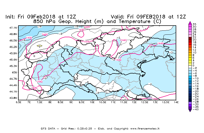 Mappa di analisi GFS - Geopotenziale [m] e Temperatura [°C] a 850 hPa in Nord-Italia
							del 09/02/2018 12 <!--googleoff: index-->UTC<!--googleon: index-->