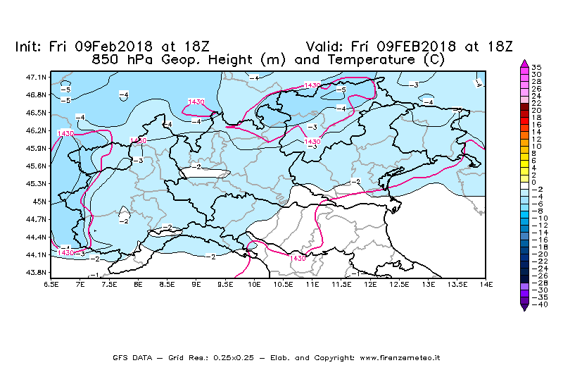 Mappa di analisi GFS - Geopotenziale [m] e Temperatura [°C] a 850 hPa in Nord-Italia
							del 09/02/2018 18 <!--googleoff: index-->UTC<!--googleon: index-->