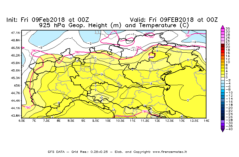 Mappa di analisi GFS - Geopotenziale [m] e Temperatura [°C] a 925 hPa in Nord-Italia
							del 09/02/2018 00 <!--googleoff: index-->UTC<!--googleon: index-->