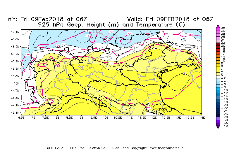 Mappa di analisi GFS - Geopotenziale [m] e Temperatura [°C] a 925 hPa in Nord-Italia
							del 09/02/2018 06 <!--googleoff: index-->UTC<!--googleon: index-->