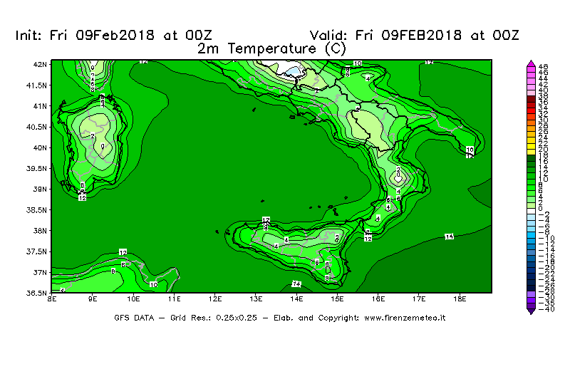 Mappa di analisi GFS - Temperatura a 2 metri dal suolo [°C] in Sud-Italia
							del 09/02/2018 00 <!--googleoff: index-->UTC<!--googleon: index-->