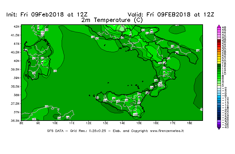 Mappa di analisi GFS - Temperatura a 2 metri dal suolo [°C] in Sud-Italia
							del 09/02/2018 12 <!--googleoff: index-->UTC<!--googleon: index-->