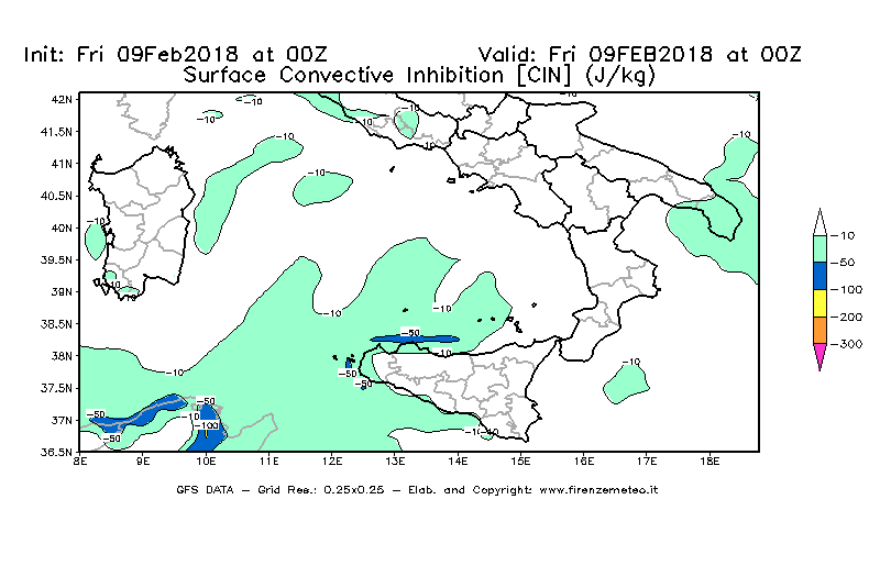 Mappa di analisi GFS - CIN [J/kg] in Sud-Italia
							del 09/02/2018 00 <!--googleoff: index-->UTC<!--googleon: index-->