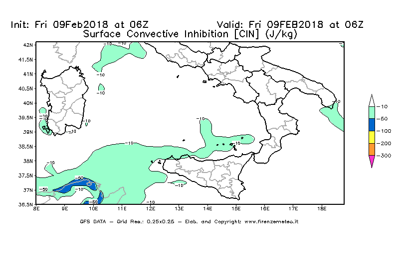 Mappa di analisi GFS - CIN [J/kg] in Sud-Italia
							del 09/02/2018 06 <!--googleoff: index-->UTC<!--googleon: index-->