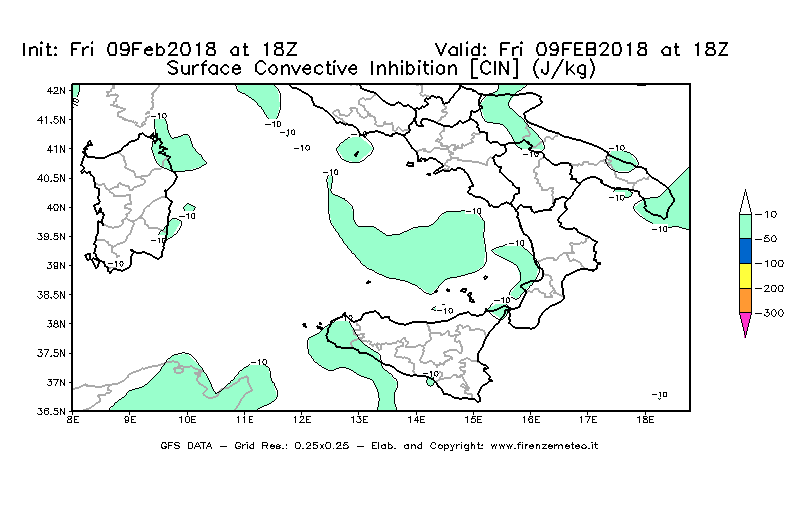 Mappa di analisi GFS - CIN [J/kg] in Sud-Italia
							del 09/02/2018 18 <!--googleoff: index-->UTC<!--googleon: index-->