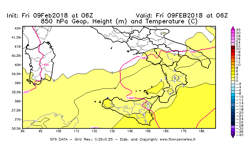 Mappa di analisi GFS - Geopotenziale [m] e Temperatura [°C] a 850 hPa in Sud-Italia
							del 09/02/2018 06 <!--googleoff: index-->UTC<!--googleon: index-->