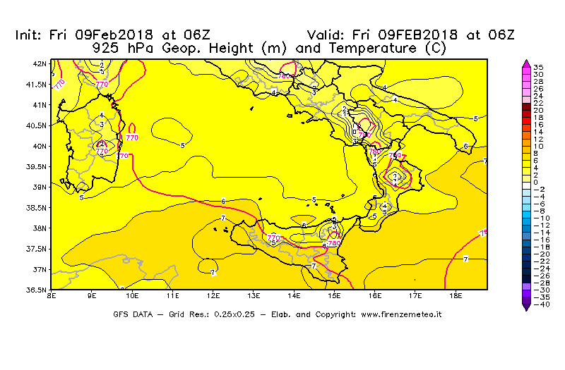 Mappa di analisi GFS - Geopotenziale [m] e Temperatura [°C] a 925 hPa in Sud-Italia
							del 09/02/2018 06 <!--googleoff: index-->UTC<!--googleon: index-->