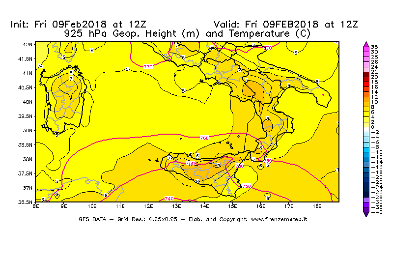 Mappa di analisi GFS - Geopotenziale [m] e Temperatura [°C] a 925 hPa in Sud-Italia
							del 09/02/2018 12 <!--googleoff: index-->UTC<!--googleon: index-->
