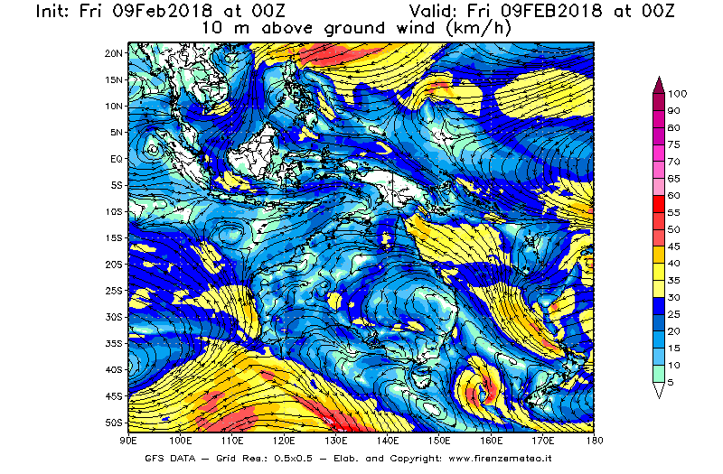 Mappa di analisi GFS - Velocità del vento a 10 metri dal suolo [km/h] in Oceania
							del 09/02/2018 00 <!--googleoff: index-->UTC<!--googleon: index-->