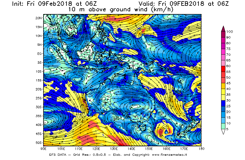 Mappa di analisi GFS - Velocità del vento a 10 metri dal suolo [km/h] in Oceania
							del 09/02/2018 06 <!--googleoff: index-->UTC<!--googleon: index-->