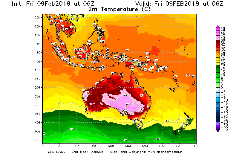 Mappa di analisi GFS - Temperatura a 2 metri dal suolo [°C] in Oceania
							del 09/02/2018 06 <!--googleoff: index-->UTC<!--googleon: index-->