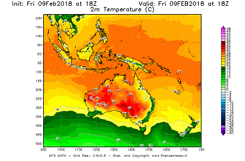 Mappa di analisi GFS - Temperatura a 2 metri dal suolo [°C] in Oceania
							del 09/02/2018 18 <!--googleoff: index-->UTC<!--googleon: index-->