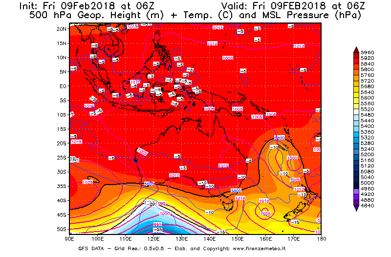 Mappa di analisi GFS - Geopotenziale [m] + Temp. [°C] a 500 hPa + Press. a livello del mare [hPa] in Oceania
							del 09/02/2018 06 <!--googleoff: index-->UTC<!--googleon: index-->