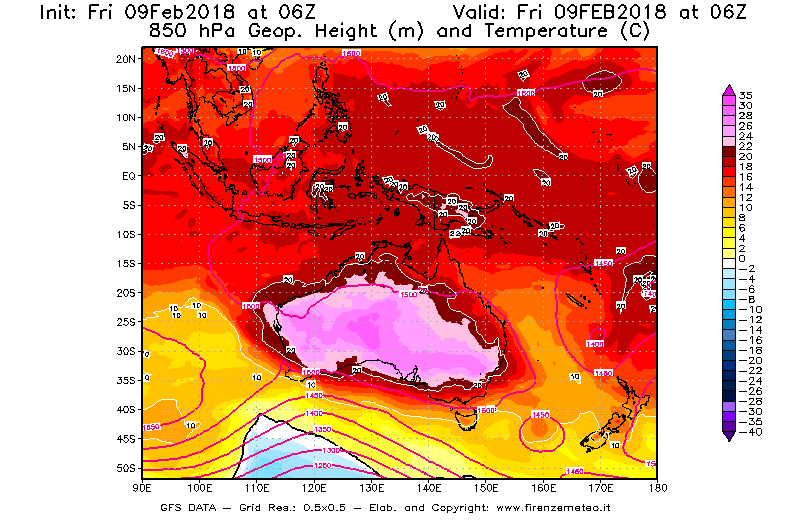 Mappa di analisi GFS - Geopotenziale [m] e Temperatura [°C] a 850 hPa in Oceania
							del 09/02/2018 06 <!--googleoff: index-->UTC<!--googleon: index-->