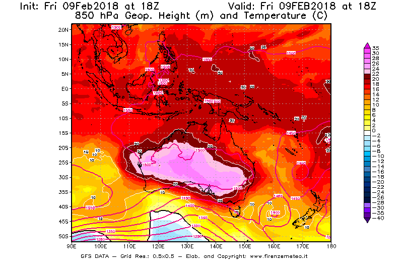 Mappa di analisi GFS - Geopotenziale [m] e Temperatura [°C] a 850 hPa in Oceania
							del 09/02/2018 18 <!--googleoff: index-->UTC<!--googleon: index-->