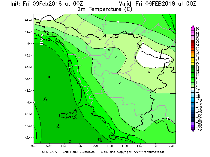 Mappa di analisi GFS - Temperatura a 2 metri dal suolo [°C] in Toscana
							del 09/02/2018 00 <!--googleoff: index-->UTC<!--googleon: index-->