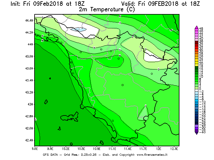 Mappa di analisi GFS - Temperatura a 2 metri dal suolo [°C] in Toscana
							del 09/02/2018 18 <!--googleoff: index-->UTC<!--googleon: index-->