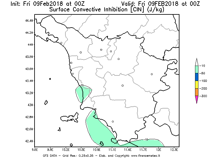 Mappa di analisi GFS - CIN [J/kg] in Toscana
							del 09/02/2018 00 <!--googleoff: index-->UTC<!--googleon: index-->