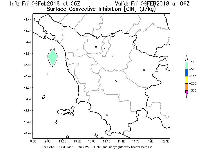 Mappa di analisi GFS - CIN [J/kg] in Toscana
							del 09/02/2018 06 <!--googleoff: index-->UTC<!--googleon: index-->