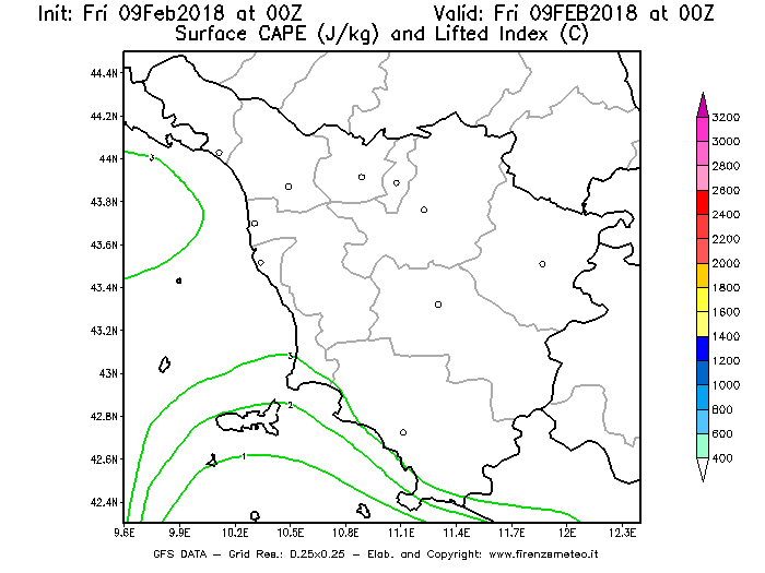 Mappa di analisi GFS - CAPE [J/kg] e Lifted Index [°C] in Toscana
							del 09/02/2018 00 <!--googleoff: index-->UTC<!--googleon: index-->
