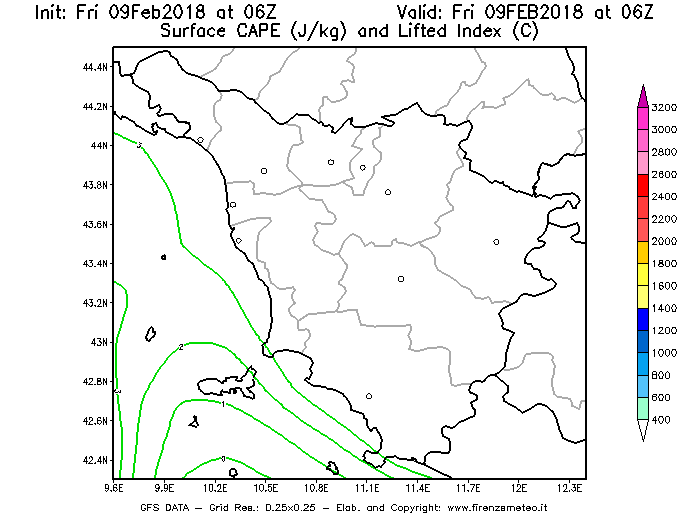 Mappa di analisi GFS - CAPE [J/kg] e Lifted Index [°C] in Toscana
							del 09/02/2018 06 <!--googleoff: index-->UTC<!--googleon: index-->