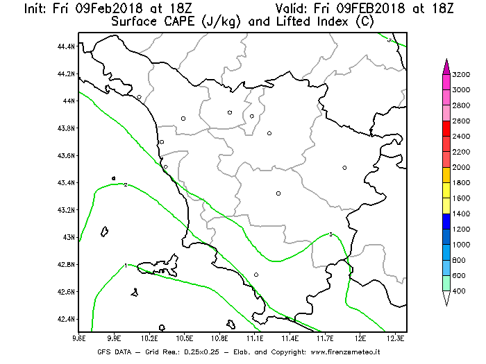 Mappa di analisi GFS - CAPE [J/kg] e Lifted Index [°C] in Toscana
							del 09/02/2018 18 <!--googleoff: index-->UTC<!--googleon: index-->