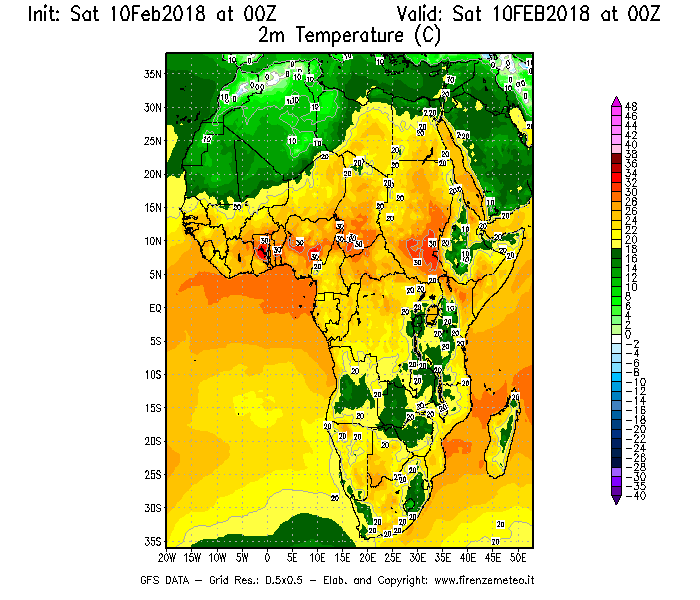 Mappa di analisi GFS - Temperatura a 2 metri dal suolo [°C] in Africa
							del 10/02/2018 00 <!--googleoff: index-->UTC<!--googleon: index-->