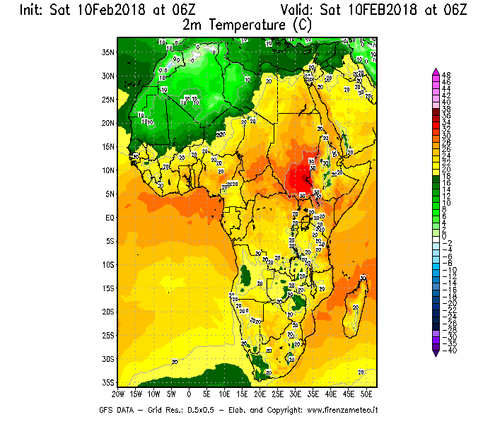 Mappa di analisi GFS - Temperatura a 2 metri dal suolo [°C] in Africa
							del 10/02/2018 06 <!--googleoff: index-->UTC<!--googleon: index-->