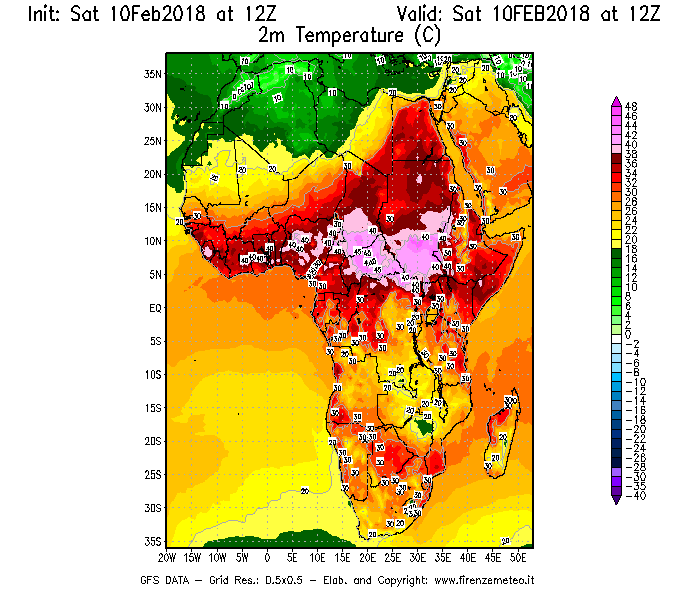 Mappa di analisi GFS - Temperatura a 2 metri dal suolo [°C] in Africa
							del 10/02/2018 12 <!--googleoff: index-->UTC<!--googleon: index-->