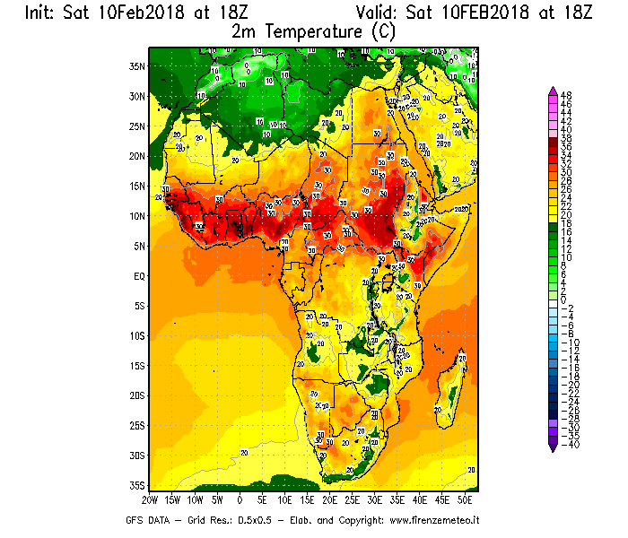 Mappa di analisi GFS - Temperatura a 2 metri dal suolo [°C] in Africa
							del 10/02/2018 18 <!--googleoff: index-->UTC<!--googleon: index-->