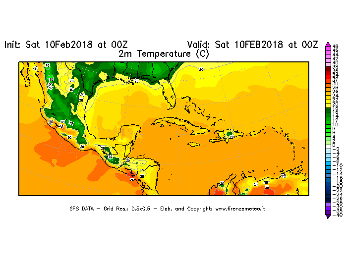 Mappa di analisi GFS - Temperatura a 2 metri dal suolo [°C] in Centro-America
							del 10/02/2018 00 <!--googleoff: index-->UTC<!--googleon: index-->