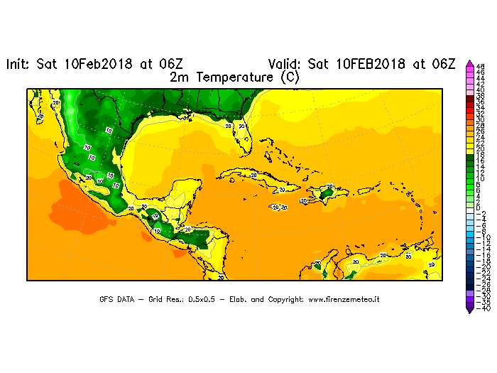 Mappa di analisi GFS - Temperatura a 2 metri dal suolo [°C] in Centro-America
							del 10/02/2018 06 <!--googleoff: index-->UTC<!--googleon: index-->