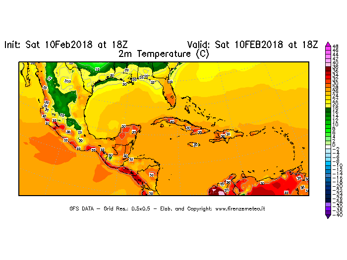 Mappa di analisi GFS - Temperatura a 2 metri dal suolo [°C] in Centro-America
							del 10/02/2018 18 <!--googleoff: index-->UTC<!--googleon: index-->