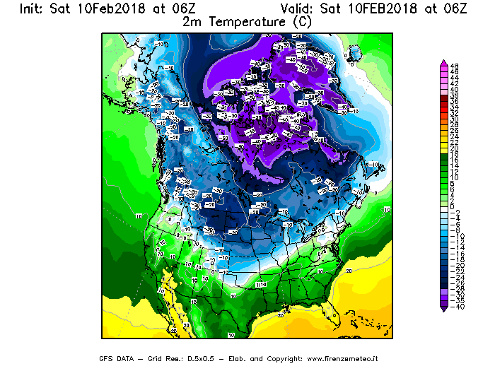 Mappa di analisi GFS - Temperatura a 2 metri dal suolo [°C] in Nord-America
							del 10/02/2018 06 <!--googleoff: index-->UTC<!--googleon: index-->