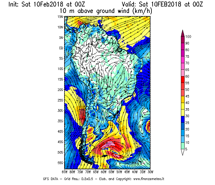 Mappa di analisi GFS - Velocità del vento a 10 metri dal suolo [km/h] in Sud-America
							del 10/02/2018 00 <!--googleoff: index-->UTC<!--googleon: index-->
