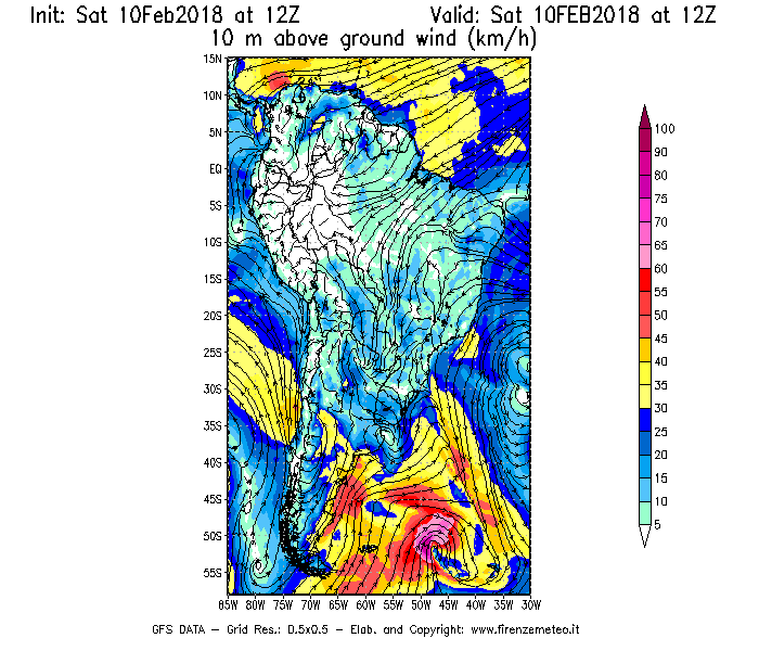 Mappa di analisi GFS - Velocità del vento a 10 metri dal suolo [km/h] in Sud-America
							del 10/02/2018 12 <!--googleoff: index-->UTC<!--googleon: index-->