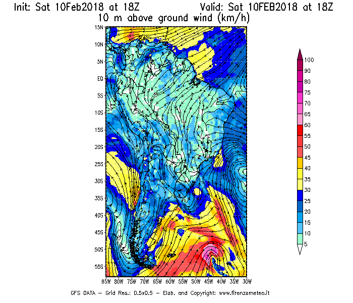 Mappa di analisi GFS - Velocità del vento a 10 metri dal suolo [km/h] in Sud-America
							del 10/02/2018 18 <!--googleoff: index-->UTC<!--googleon: index-->
