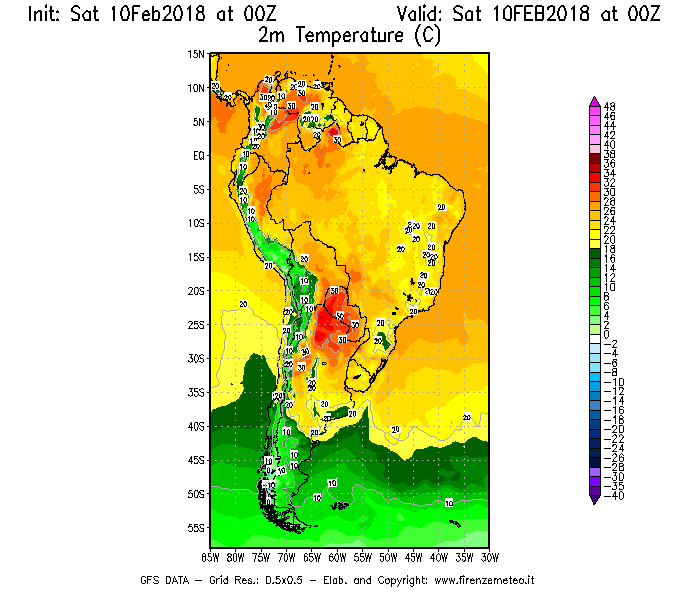 Mappa di analisi GFS - Temperatura a 2 metri dal suolo [°C] in Sud-America
							del 10/02/2018 00 <!--googleoff: index-->UTC<!--googleon: index-->
