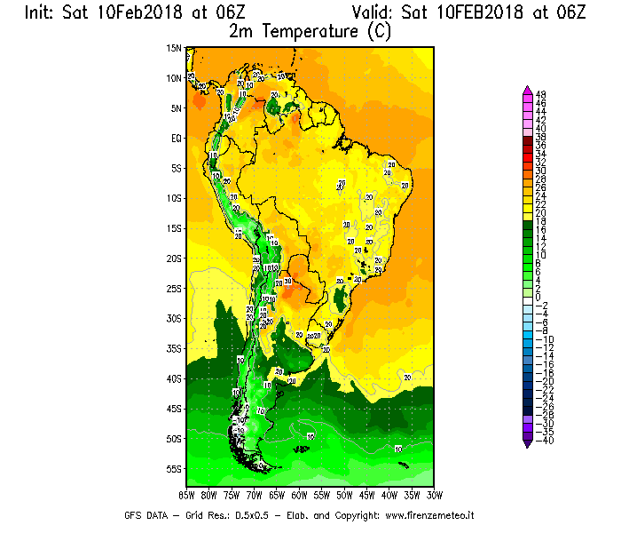 Mappa di analisi GFS - Temperatura a 2 metri dal suolo [°C] in Sud-America
							del 10/02/2018 06 <!--googleoff: index-->UTC<!--googleon: index-->