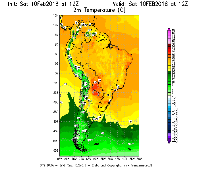 Mappa di analisi GFS - Temperatura a 2 metri dal suolo [°C] in Sud-America
							del 10/02/2018 12 <!--googleoff: index-->UTC<!--googleon: index-->