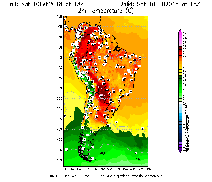 Mappa di analisi GFS - Temperatura a 2 metri dal suolo [°C] in Sud-America
							del 10/02/2018 18 <!--googleoff: index-->UTC<!--googleon: index-->
