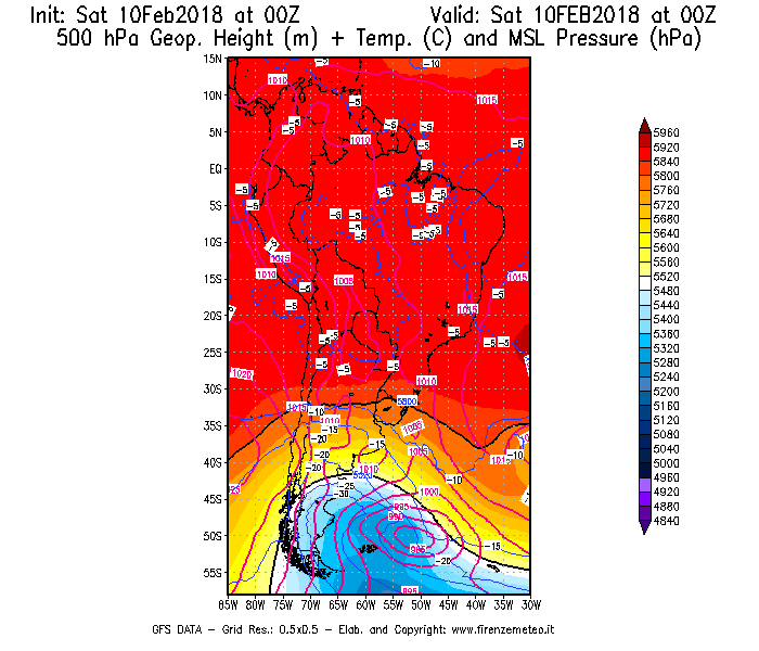 Mappa di analisi GFS - Geopotenziale [m] + Temp. [°C] a 500 hPa + Press. a livello del mare [hPa] in Sud-America
							del 10/02/2018 00 <!--googleoff: index-->UTC<!--googleon: index-->